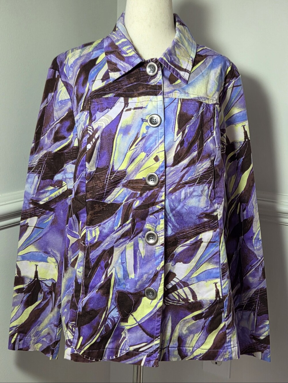 Additions by Chico's Purple Abstract Jacket Button Front Size 2